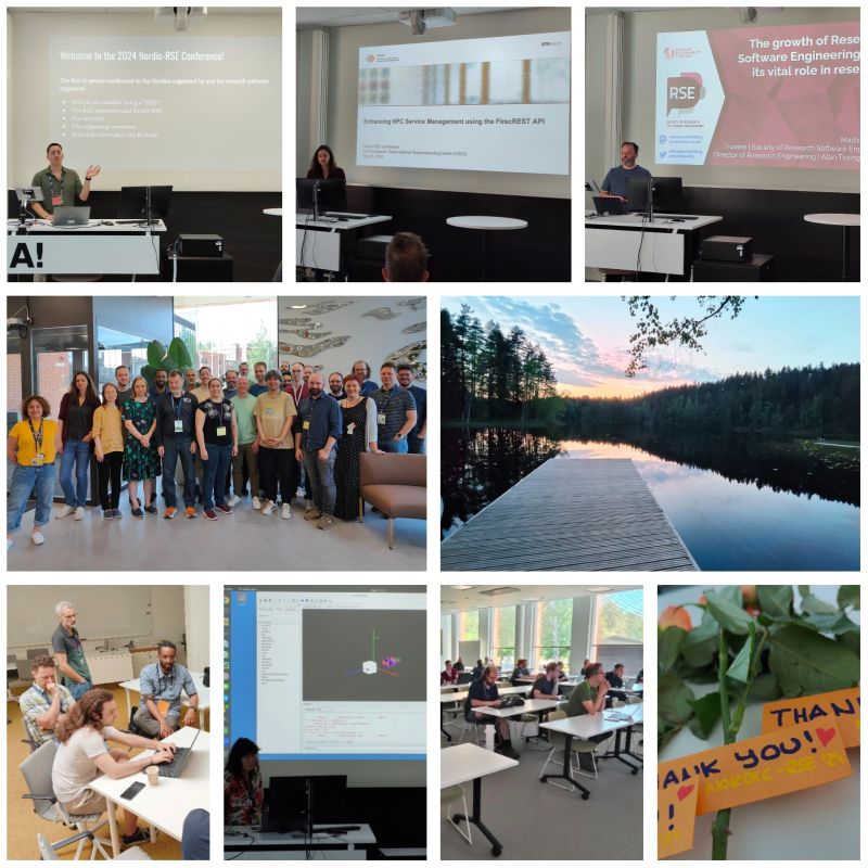 Image collage of impressions from the Nordic RSE conference 2024. Images show the group picture, a picture of thank you notes, presenters in front of their slides, a group discussing and a afternoon lake view