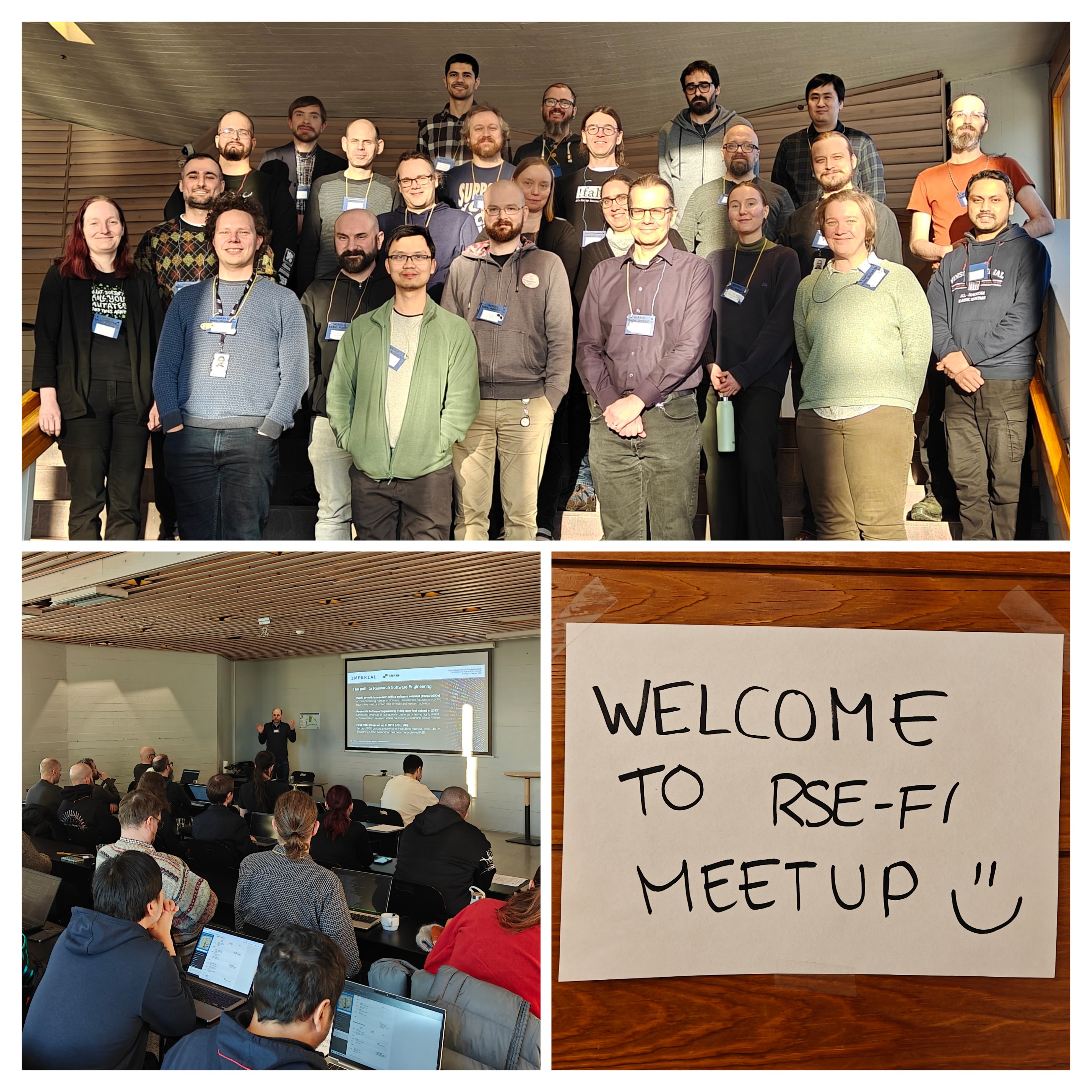 Image collage of impressions from the Finnish RSE meetup 2026. Images show the group picture, a picture of a welcome sign, a presenter in front of their slides