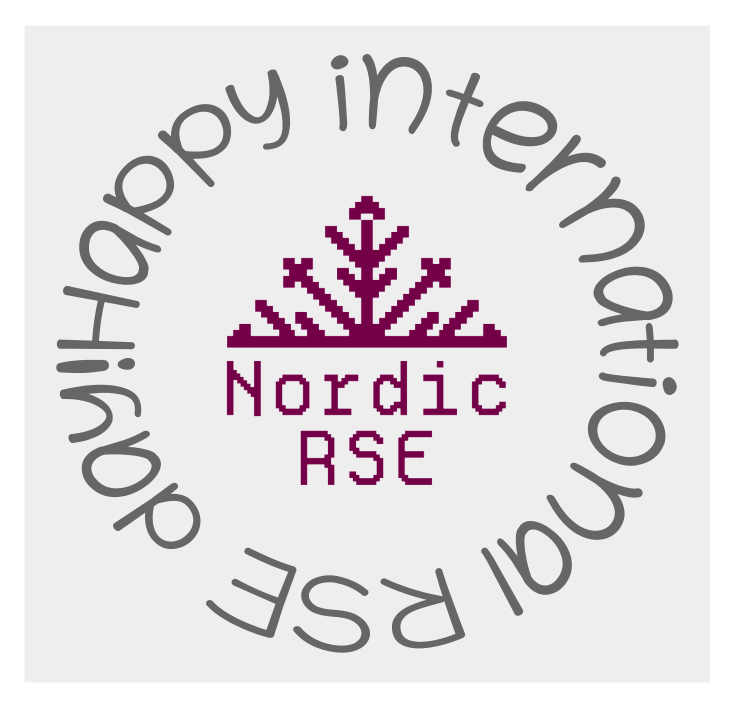 Nordic-RSE logo (half a snowflake with Nordic-RSE written under it in purple surrounded by text saying happy international RSE day 